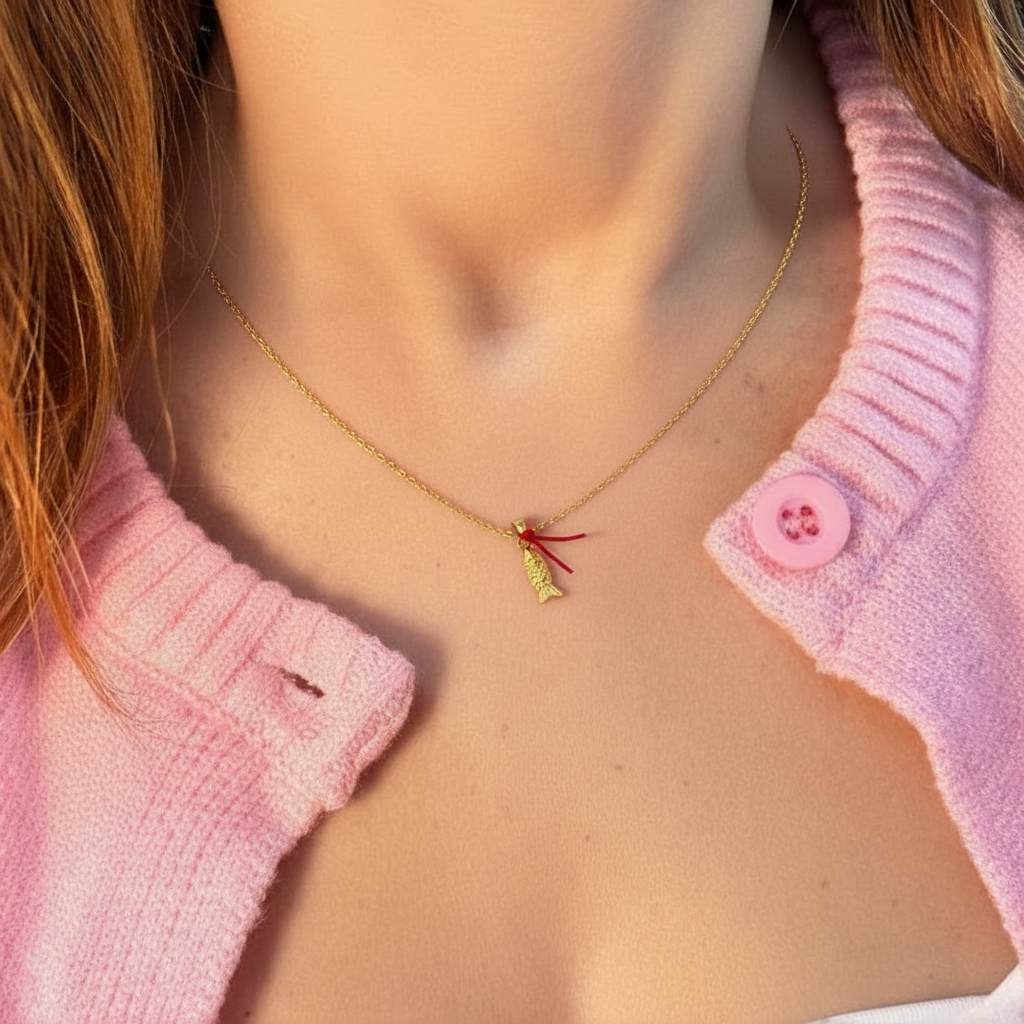 Çelik Kırmızı İp Şans Bereket Balık Kolye - İrva Collection