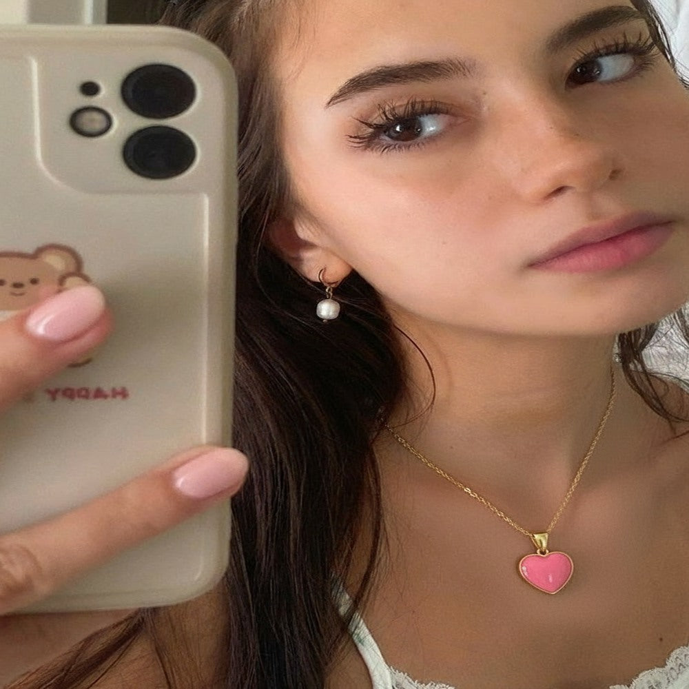Çelik Pembe Şeker Kalp Kolye