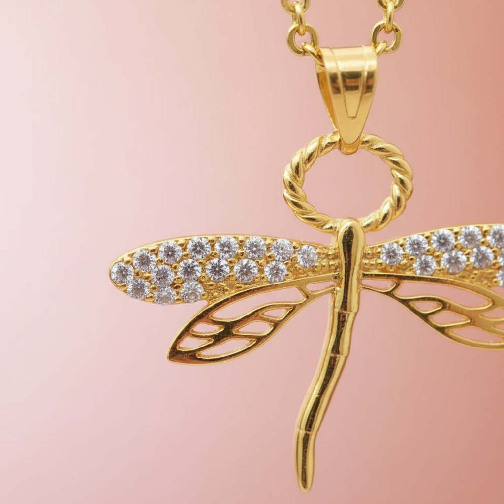 Çelik Zirkon Taşlı Altın Kaplama Yusufçuk Kolye