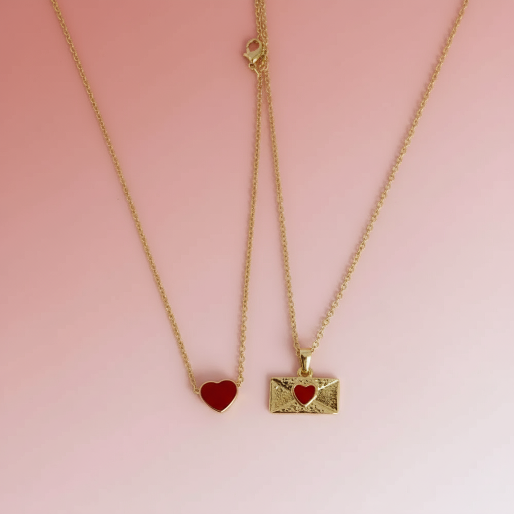 Kırmızı Zarf Kolye ve Kırmızı Kalp Kolye 2'li Set