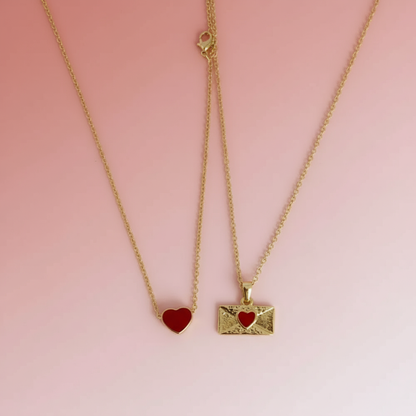 Kırmızı Zarf Kolye ve Kırmızı Kalp Kolye 2'li Set