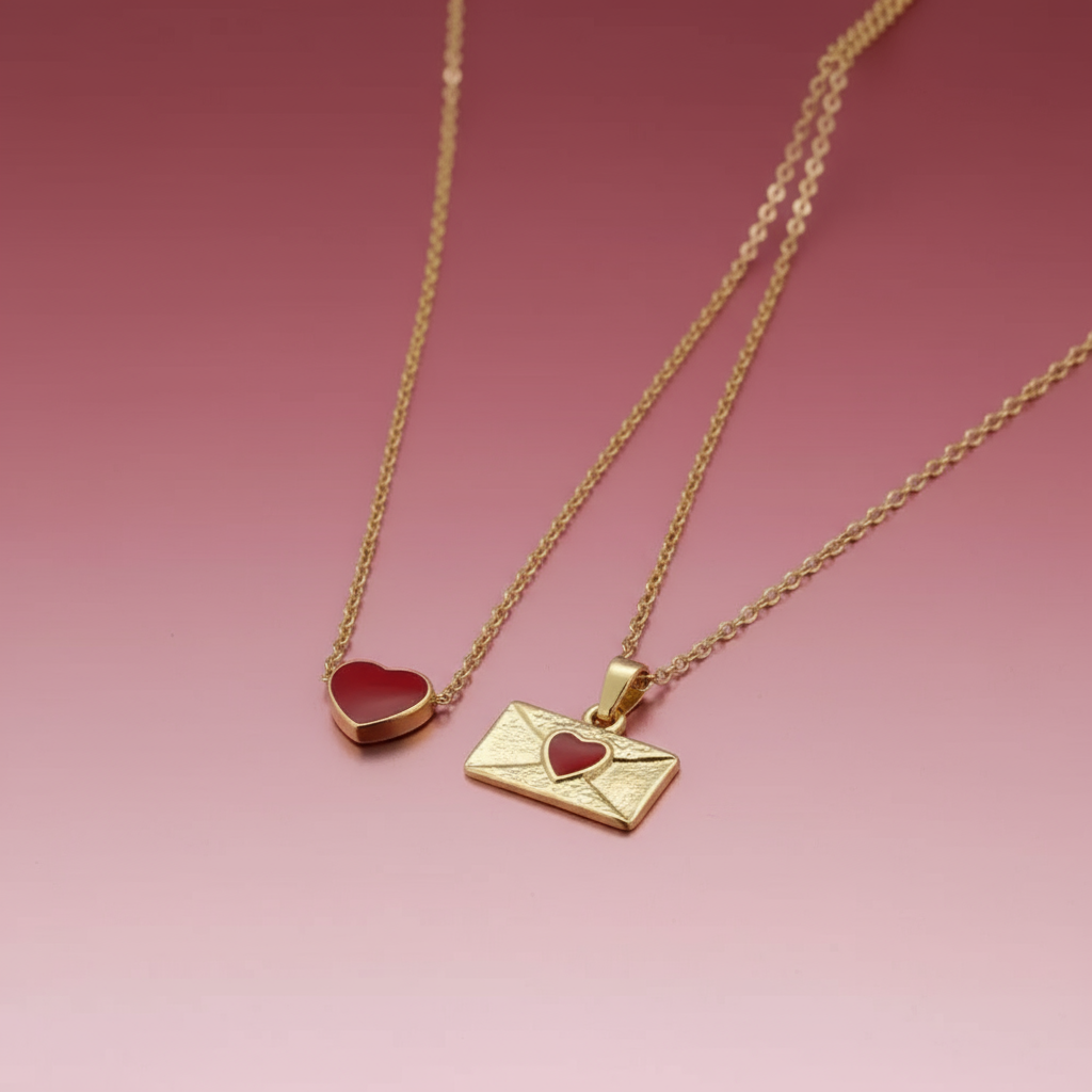 Kırmızı Zarf Kolye ve Kırmızı Kalp Kolye 2'li Set