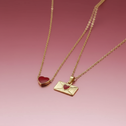 Kırmızı Zarf Kolye ve Kırmızı Kalp Kolye 2'li Set