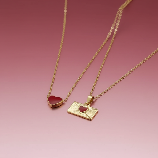 Kırmızı Zarf Kolye ve Kırmızı Kalp Kolye 2'li Set