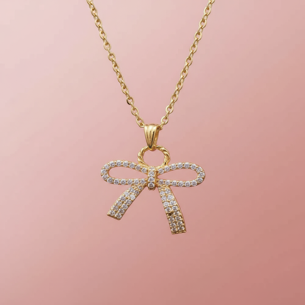 Çelik Zirkon Taşlı Altın Kaplama Fiyonk Kolye