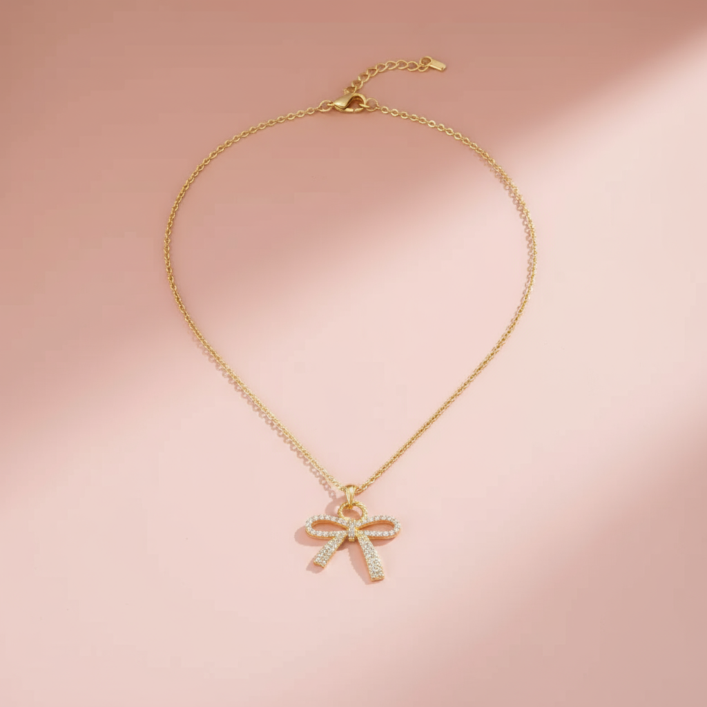 Çelik Zirkon Taşlı Altın Kaplama Fiyonk Kolye