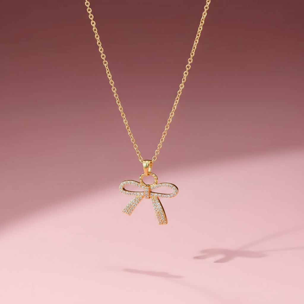 Çelik Zirkon Taşlı Altın Kaplama Fiyonk Kolye