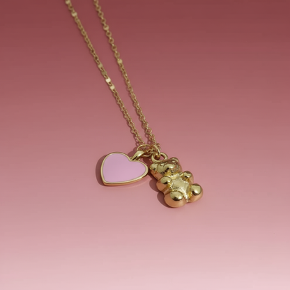 Çelik Pembe Kalp Ayıcık Charm Kolye