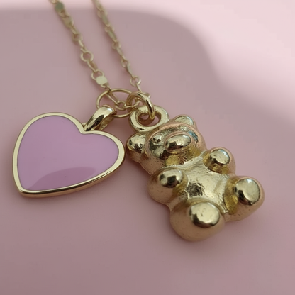 Çelik Pembe Kalp Ayıcık Charm Kolye