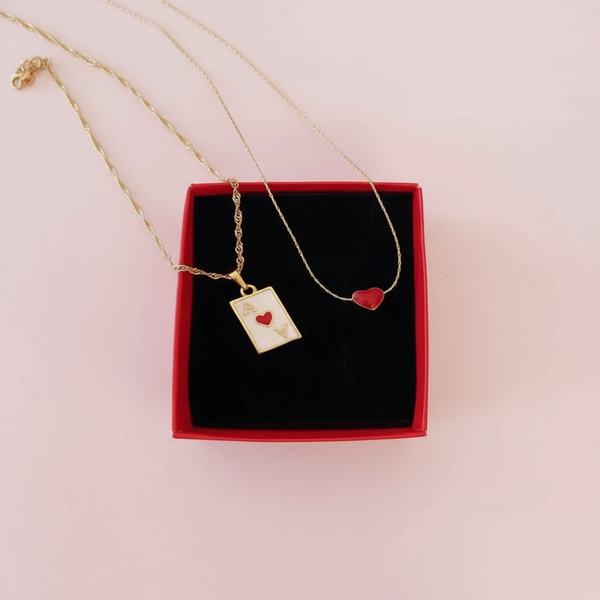 Kırmızı Mineli Kupa As ve Kırmızı Kalp Kolye 2li Set - İrva Collection