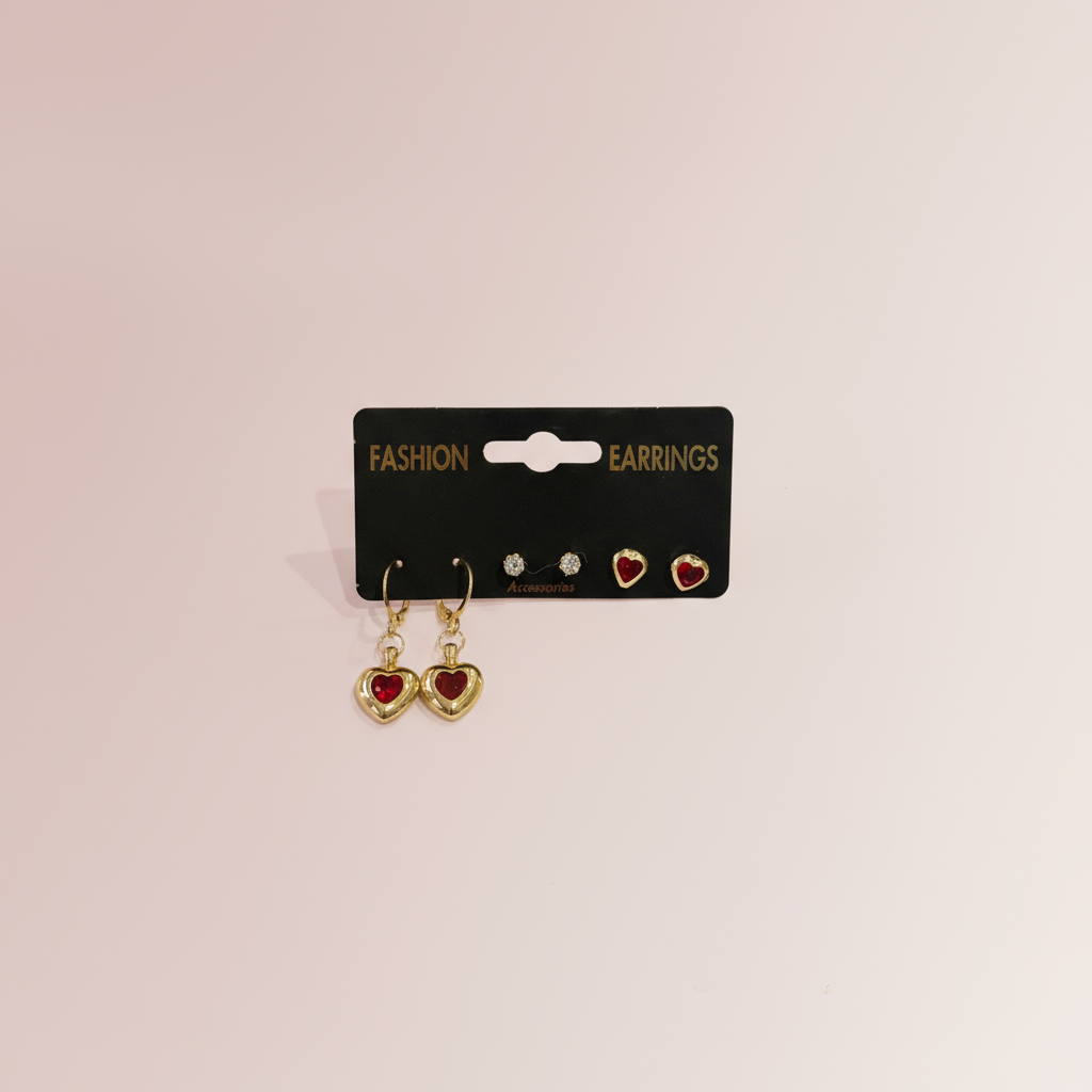 Kırmızı Kalp Küpe Set