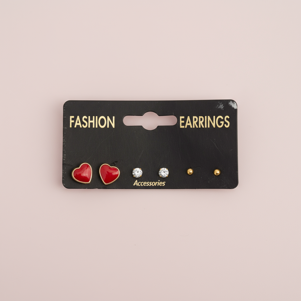 Kırmızı Kalp Figürlü Küpe Set