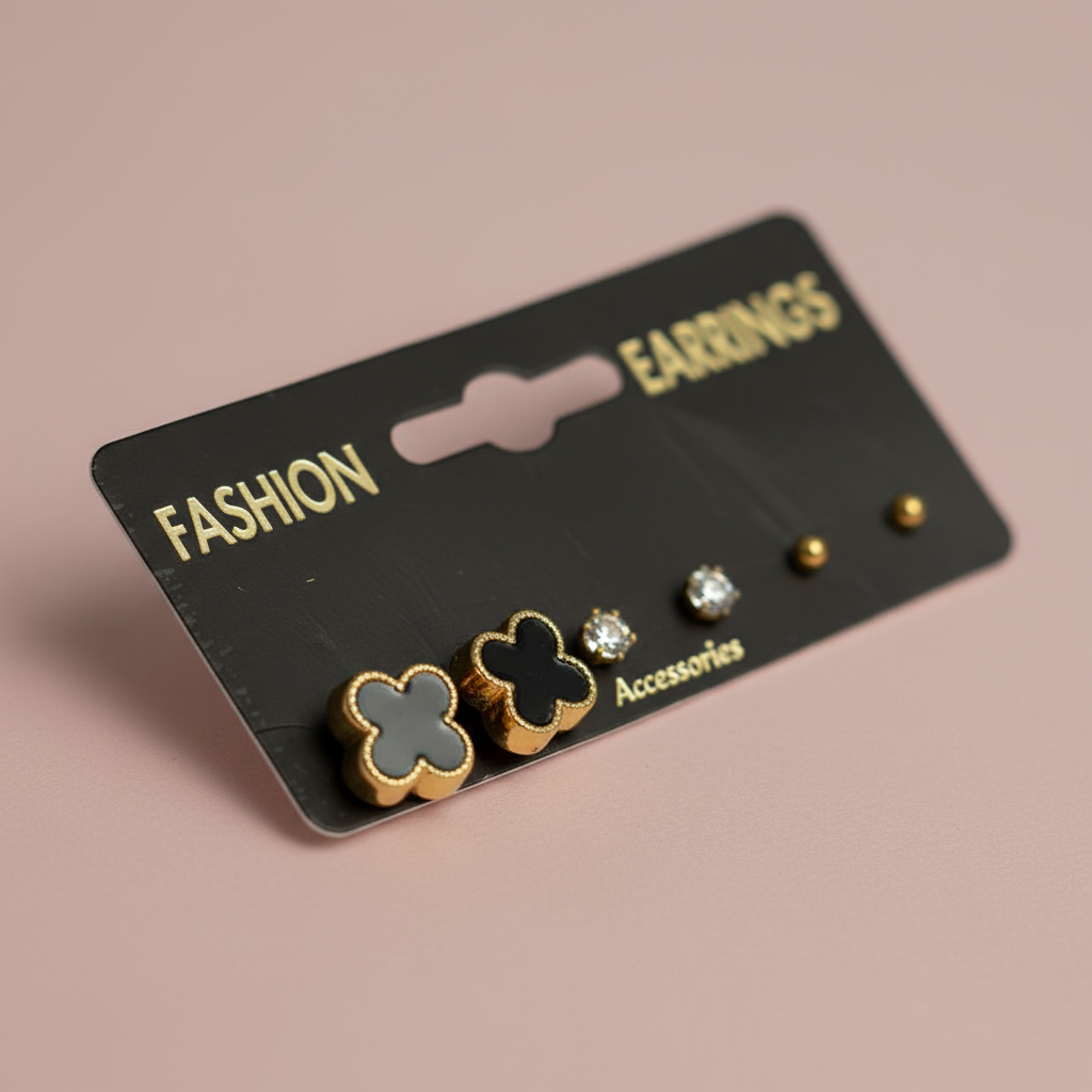 Siyah Yonca Küpe Set