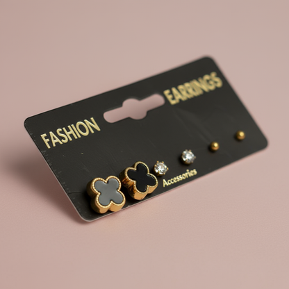 Siyah Yonca Küpe Set