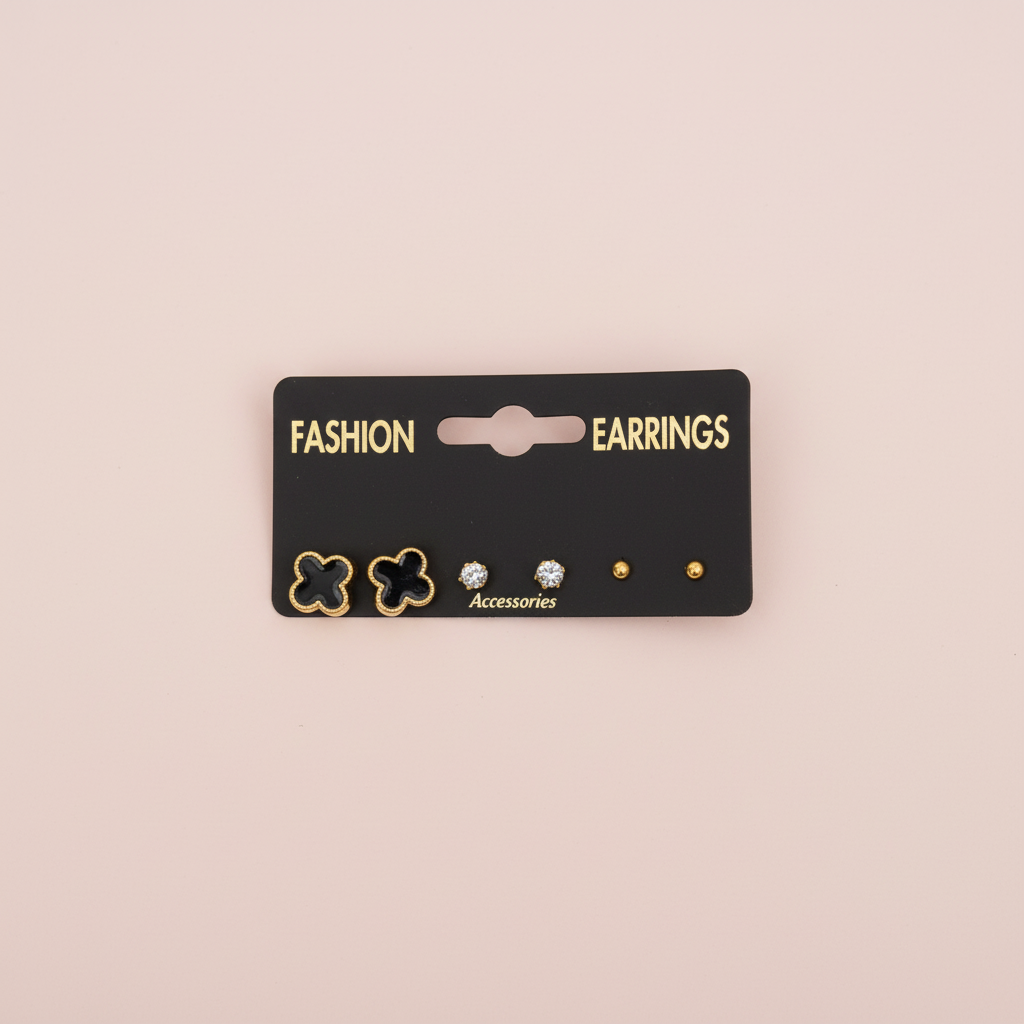 Siyah Yonca Küpe Set