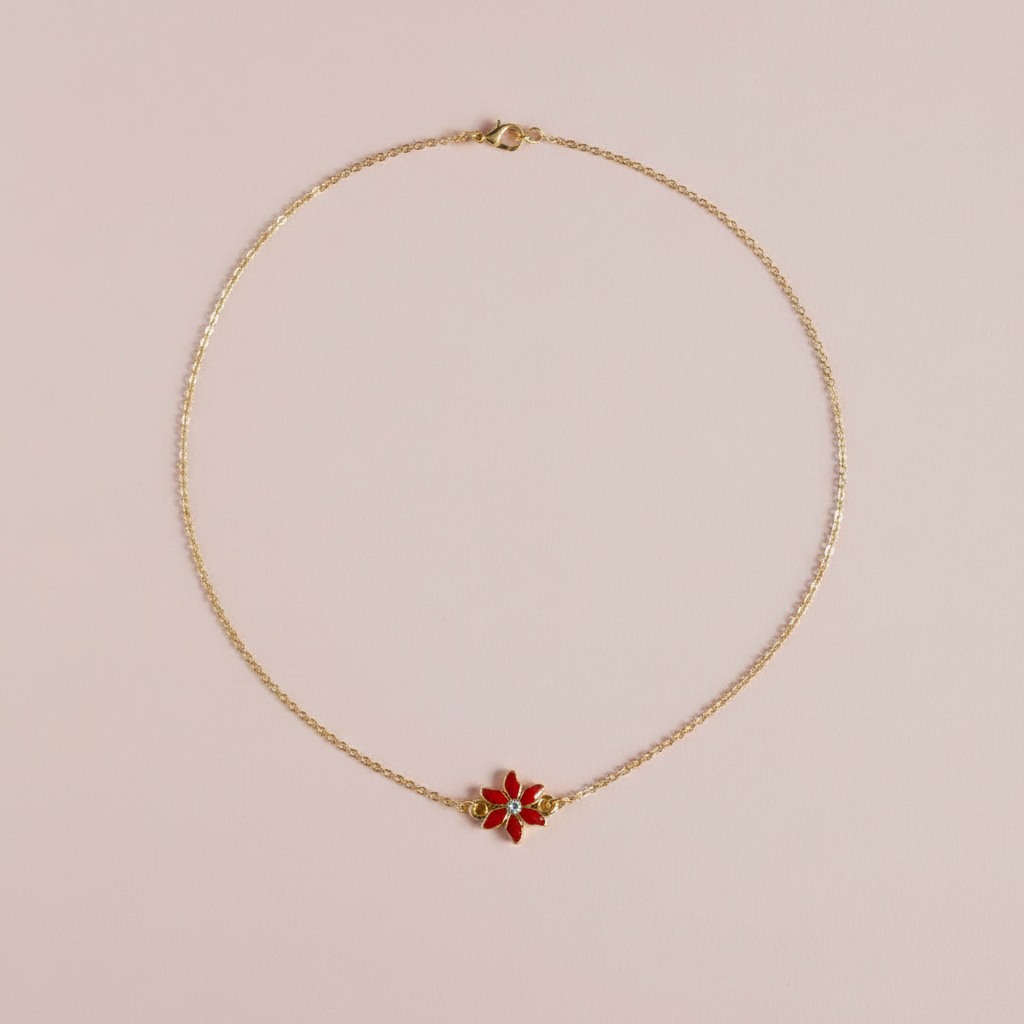 Çelik Kırmızı Çiçek Kolye