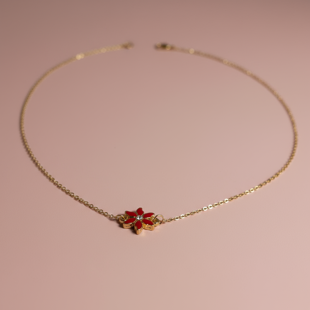 Çelik Kırmızı Çiçek Kolye