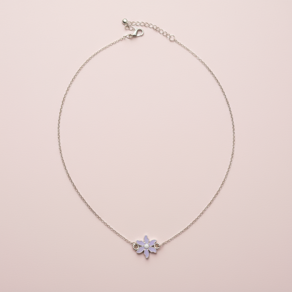 Çelik Gümüş Mor Çiçek Kolye