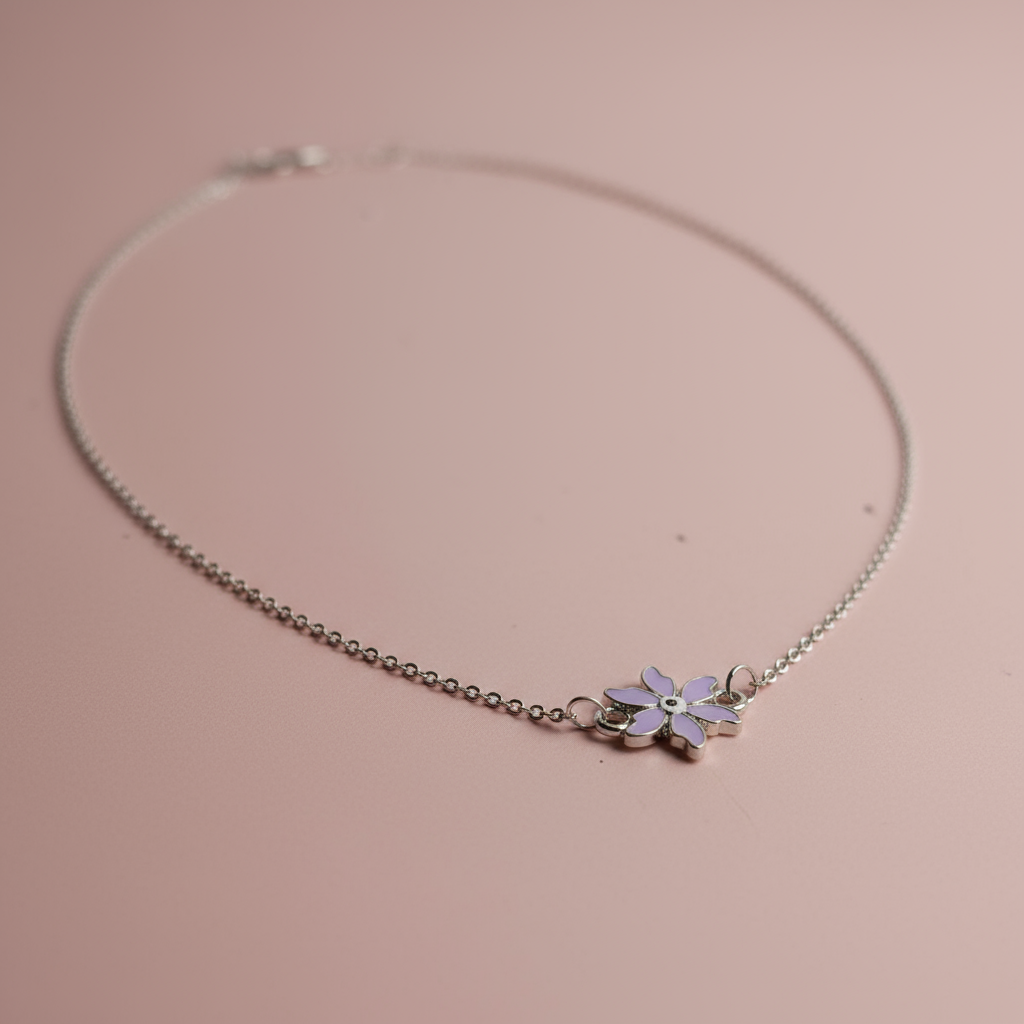 Çelik Gümüş Mor Çiçek Kolye