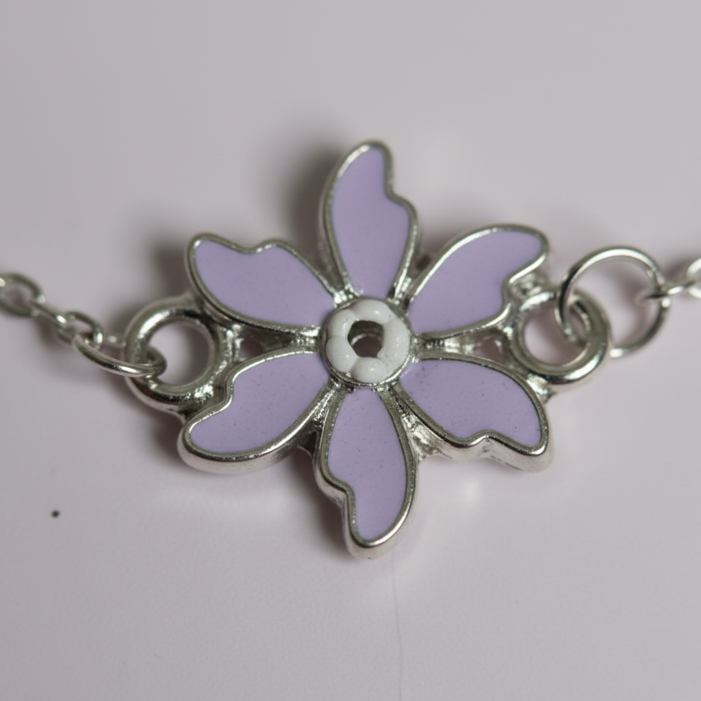 Çelik Gümüş Mor Çiçek Kolye