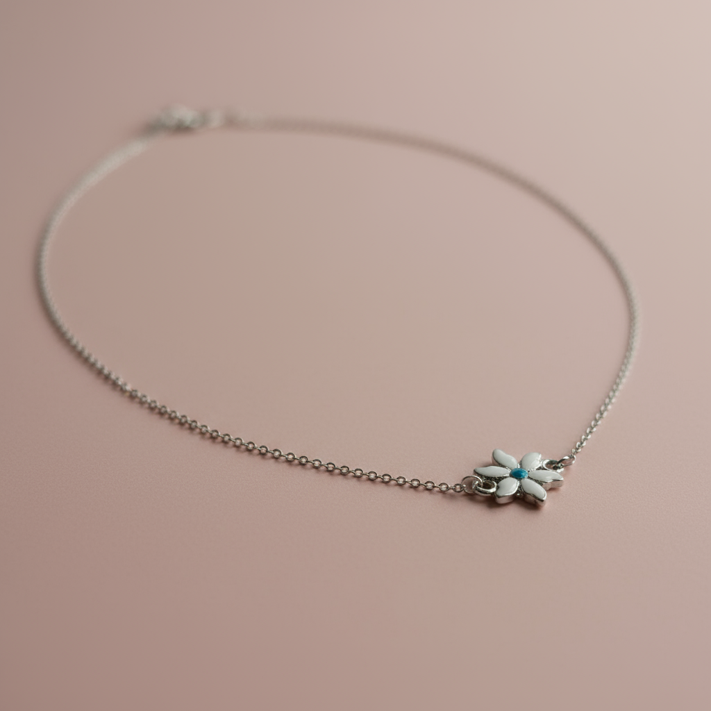 Çelik Gümüş Beyaz Çiçek Kolye