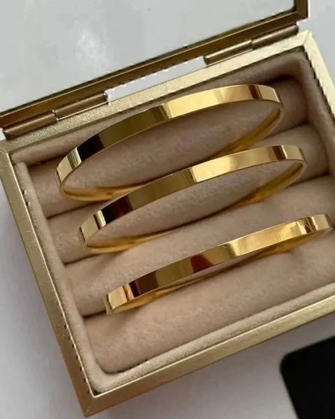 Çelik Gold Detaylı 3’lü Kalın Düz Ajda Bilezik 6.5mm 22 Cm - İrva Collection