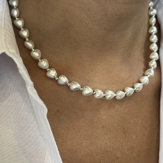 irva collection Gümüş Renk Tam Tur Kalpli İncili Kolye